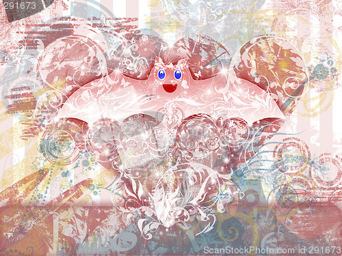 Image of Halloween otherwise: lovely pink bat. Rusty floral background with hearts illustration