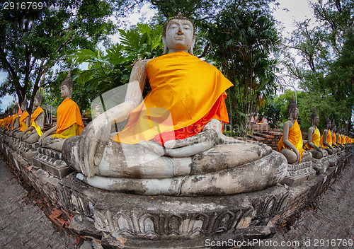 Image of Row of Buddha statues in the old temple. Thailand, Ayutthaya