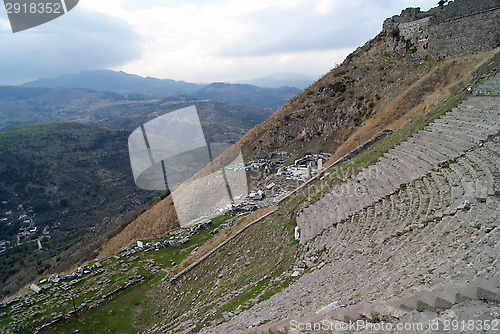 Image of The view of the theatre stairs in acropolis, old Pergam city