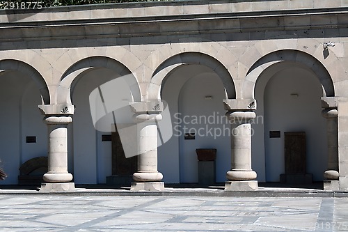 Image of the part of the yard in Matenadaran, Armenia, with ancient artif