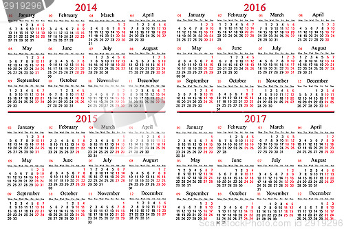 Image of usual calendar for 2014 - 2017 years