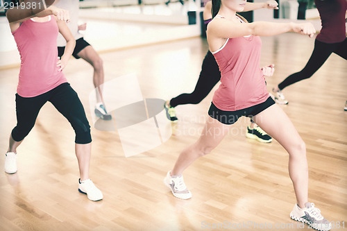 Image of group of smiling people exercising in the gym