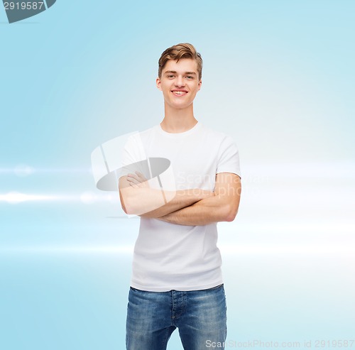 Image of smiling young man in blank white t-shirt