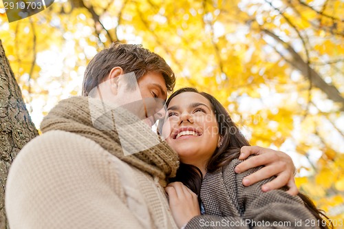 Image of smiling couple hugging in autumn park