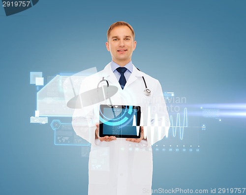 Image of smiling male doctor with stethoscope and tablet pc