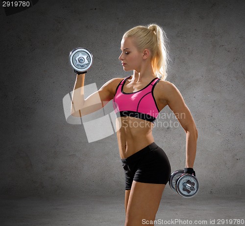 Image of sporty woman with heavy steel dumbbells