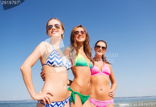 Image of group of smiling young women on beach