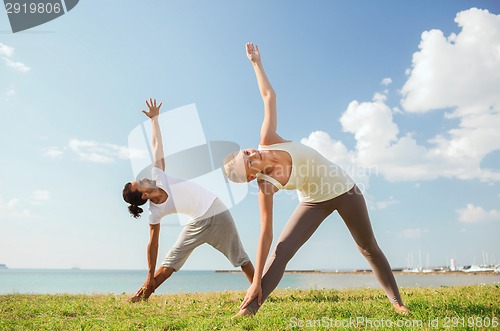 Image of smiling couple making yoga exercises outdoors