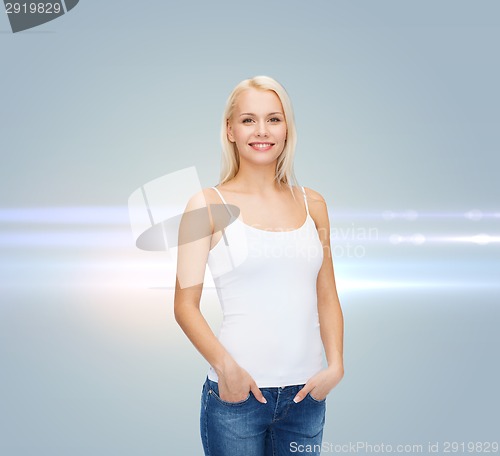 Image of smiling woman in blank white t-shirt