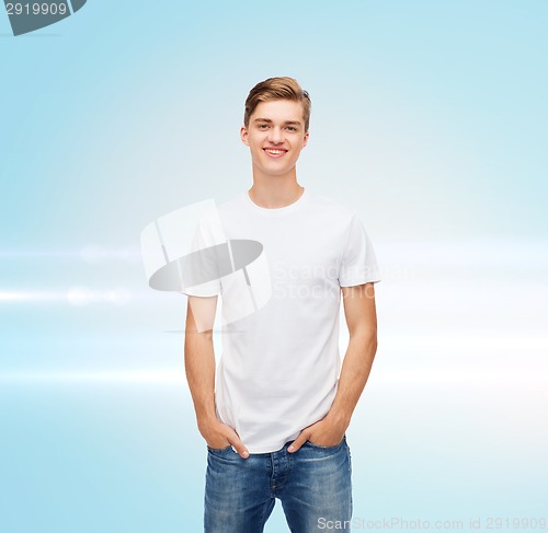 Image of smiling young man in blank white t-shirt