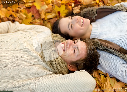 Image of close up of smiling couple lying in autumn park