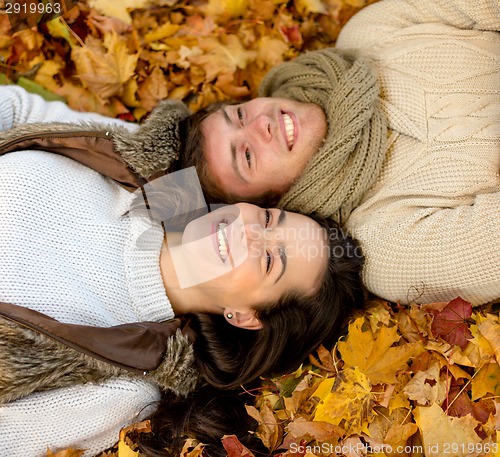 Image of close up of smiling couple lying in autumn park