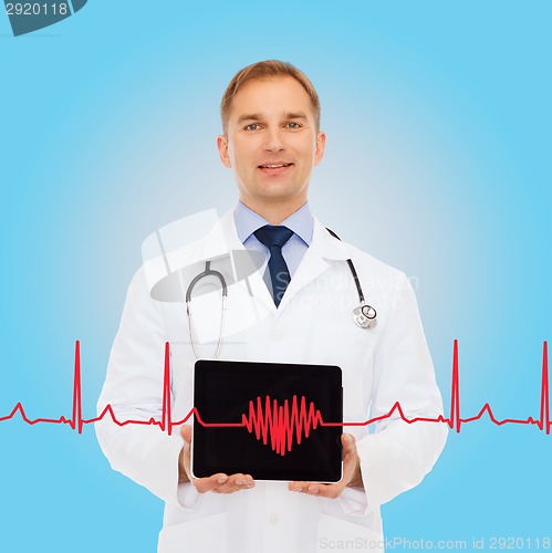 Image of smiling male doctor with stethoscope and tablet pc