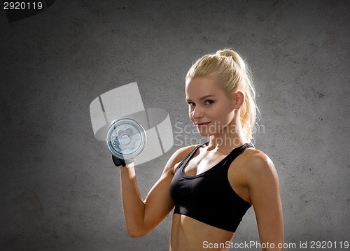 Image of sporty woman with heavy steel dumbbells