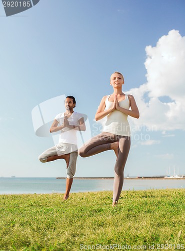 Image of smiling couple making yoga exercises outdoors