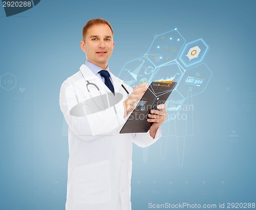 Image of smiling male doctor with clipboard and stethoscope