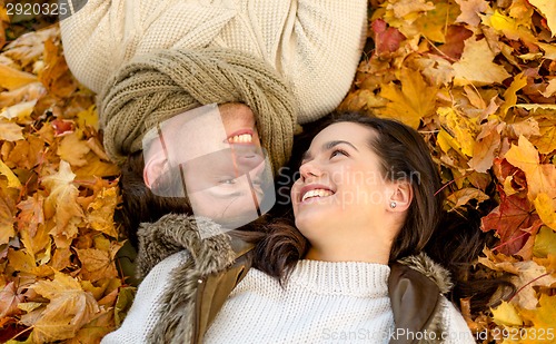 Image of close up of smiling couple lying in autumn park