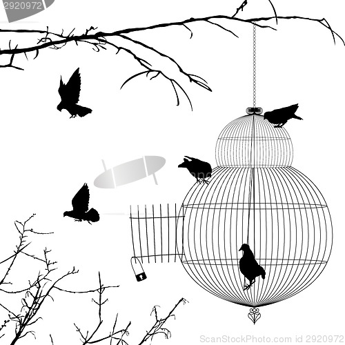 Image of Open cage and birds silhouettes