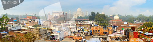 Image of Panorama of the ancient Agra city. The famous mausoleum Taj Maha