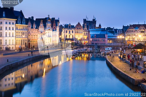 Image of Leie river bank in Ghent, Belgium, Europe.