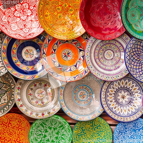 Image of Traditional arabic colorful clay plates.