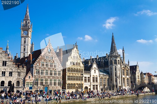 Image of Leie river bank in Ghent, Belgium, Europe.