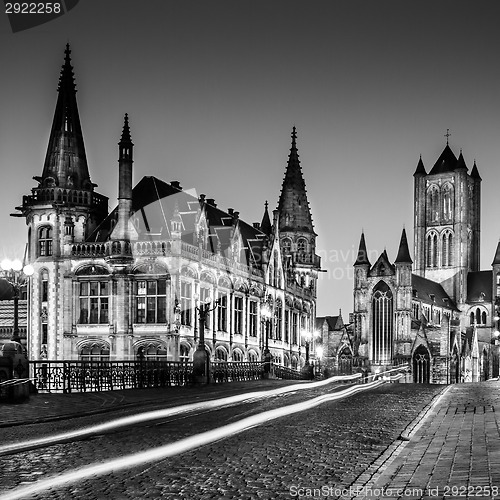 Image of Leie river bank in Ghent, Belgium, Europe.