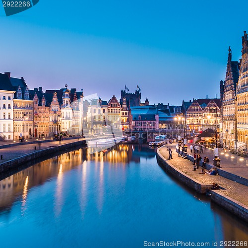 Image of Leie river bank in Ghent, Belgium, Europe.