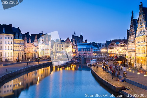 Image of Leie river bank in Ghent, Belgium, Europe.
