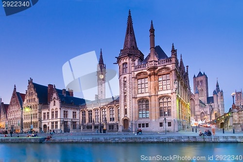 Image of Leie river bank in Ghent, Belgium, Europe.