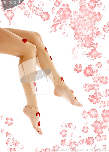 Image of beautiful legs with flowers in spa