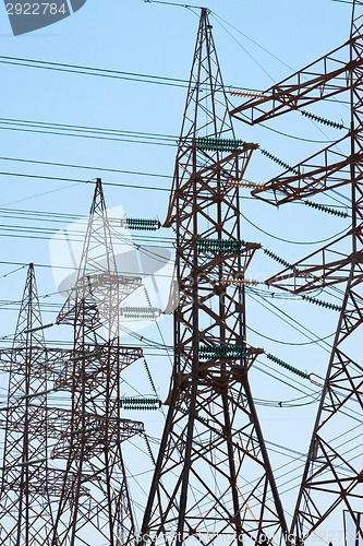 Image of High-voltage power transmission towers.