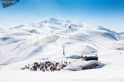 Image of Skiers on ski lift at Vogel, Slovenia.