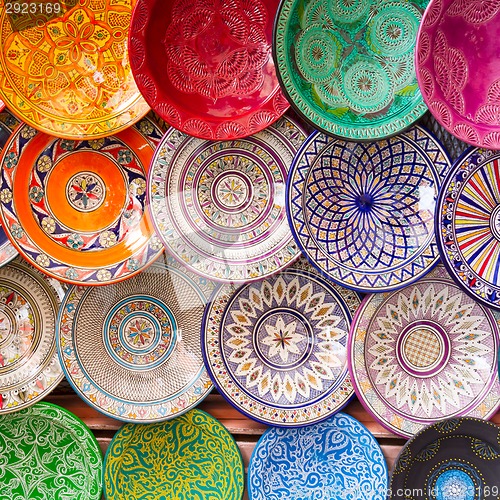 Image of Traditional arabic colorful clay plates.