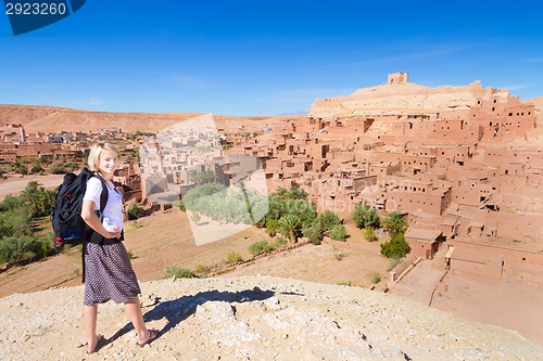 Image of Traveler in front of  Ait Benhaddou, Morocco.