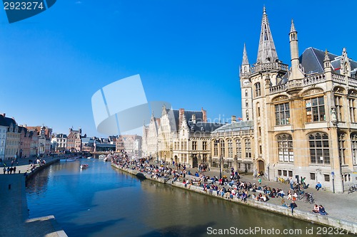 Image of Leie river bank in Ghent, Belgium, Europe.