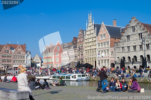 Image of Leie river bank in Ghent, Belgium, Europe.