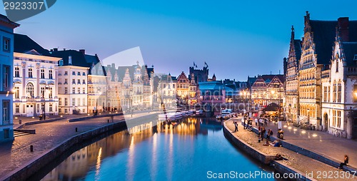 Image of Leie river bank in Ghent, Belgium, Europe.