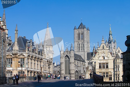 Image of Leie river bank in Ghent, Belgium, Europe.