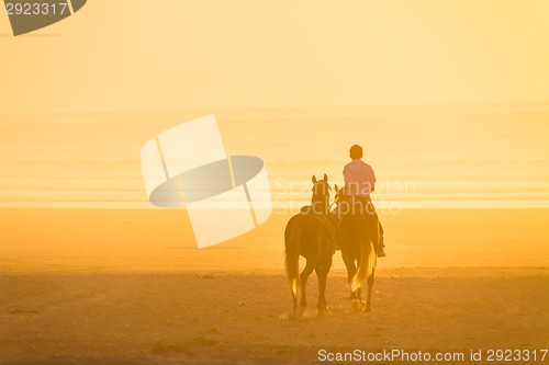 Image of Horse riding on the beach at sunset.