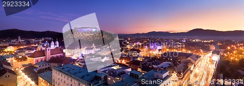 Image of Panorama of Ljubljana at dusk.