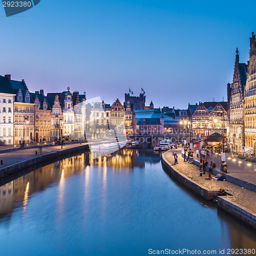 Image of Leie river bank in Ghent, Belgium, Europe.