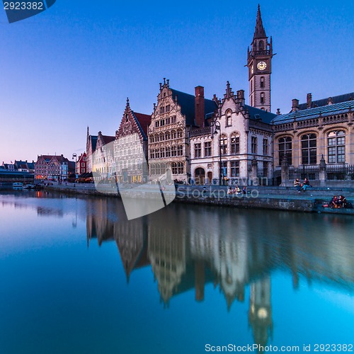Image of Leie river bank in Ghent, Belgium, Europe.