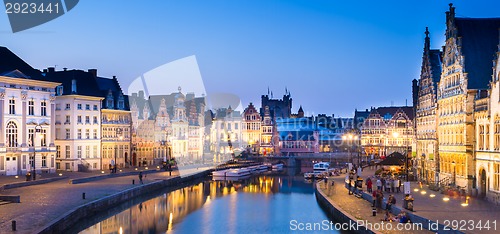 Image of Leie river bank in Ghent, Belgium, Europe.