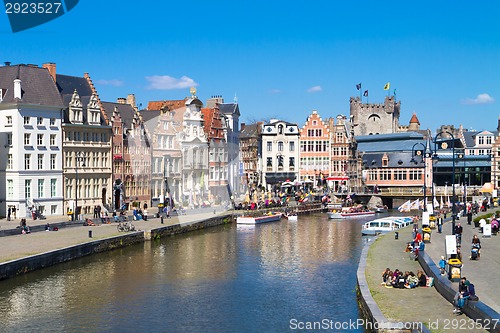 Image of Leie river bank in Ghent, Belgium, Europe.