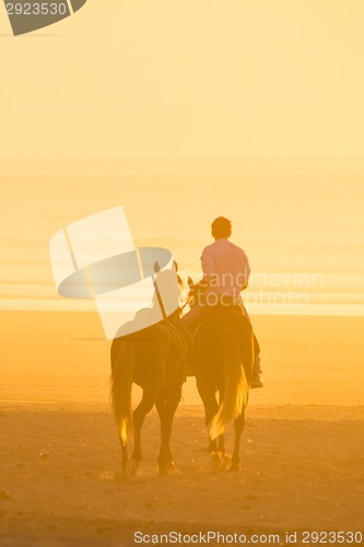 Image of Horse riding on the beach at sunset.