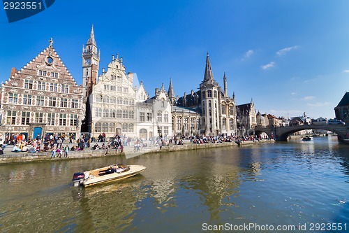 Image of Leie river bank in Ghent, Belgium, Europe.