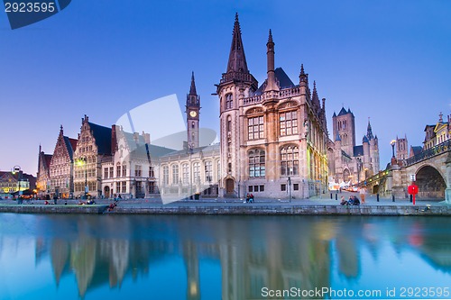 Image of Leie river bank in Ghent, Belgium, Europe.