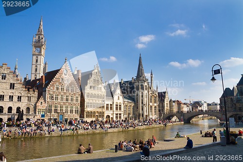 Image of Leie river bank in Ghent, Belgium, Europe.