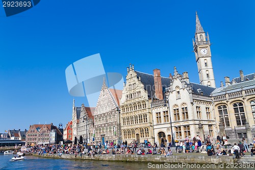 Image of Leie river bank in Ghent, Belgium, Europe.